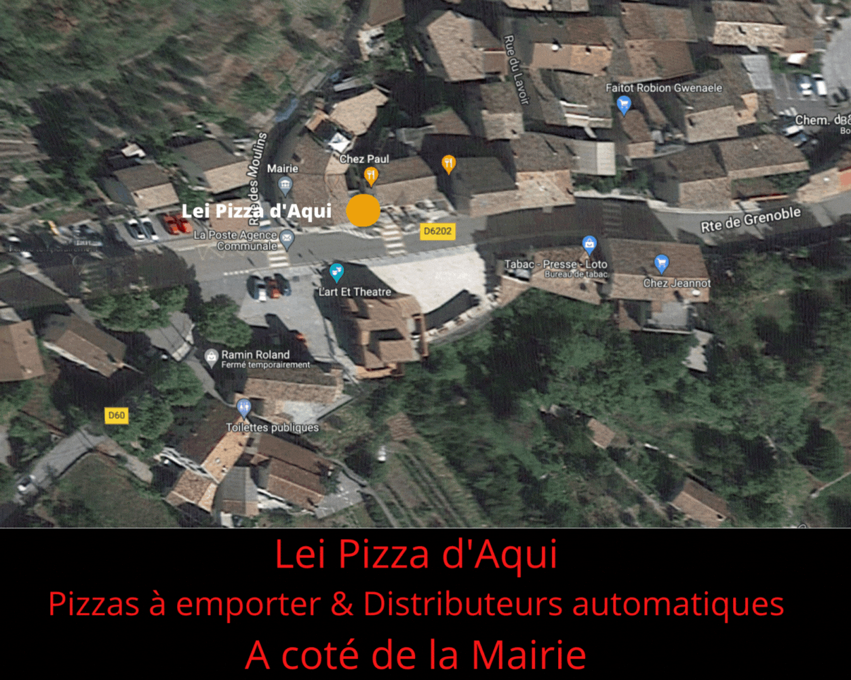 Plan d'accès à la pizzéria à emporter et au distributeur automatique Lei Pizza d'Aqui de Touët sur Var sur la place route de Grenoble RD 6202