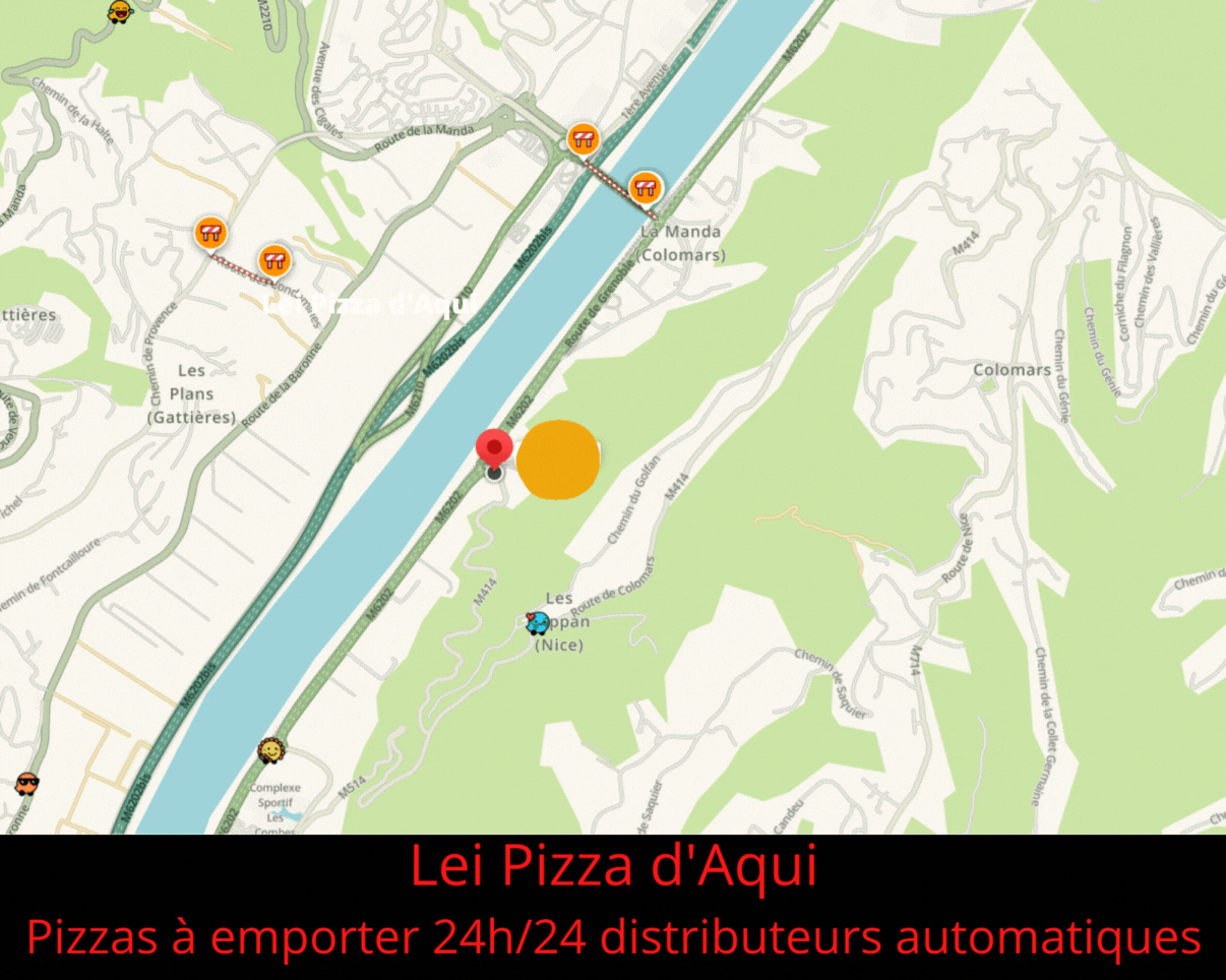 Plan d'accès distributeur pizzas artisanales 24h sur 24 au rond point de Colomars sur la RD 6202 face à Gattière et Carros avant La Manda en montant.